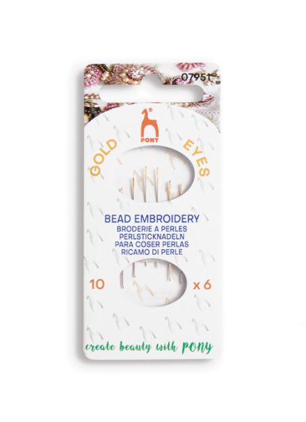 Pony Gold Eye Beading & Embroidery Needles – Size 10. Fine, smooth, and perfect for detailed beadwork and delicate embroidery.