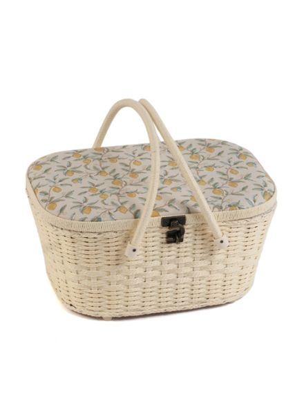 Large wicker sewing box in William Morris Lemons print with raffia-effect handles, a built-in pincushion, and organised storage compartments.