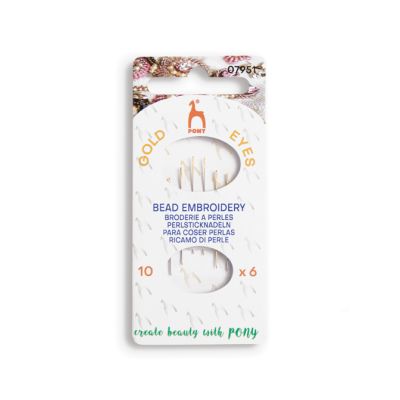 Pony Gold Eye Beading & Embroidery Needles – Size 10. Fine, smooth, and perfect for detailed beadwork and delicate embroidery.