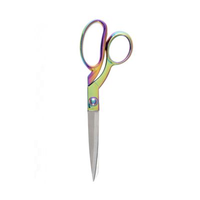 A pair of 21.5cm (8.5in) dressmaker’s shears with sharp blades and holographic rainbow handles, perfect for fabric cutting.