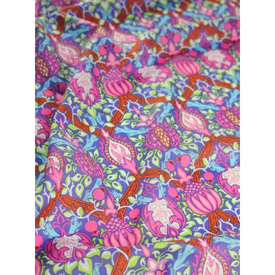 Close-up of Kaffe Fassett X William Morris Cotton Lawn Fabric – Granada Purple, featuring an intricate botanical pattern in deep pink & purple tones on finely woven cotton lawn.