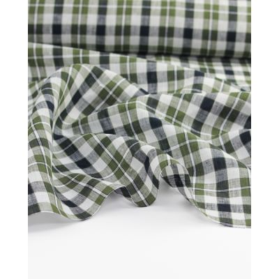 Lightweight 100% linen fabric with navy, white, and moss green yarn-dyed plaid design – ideal for shirts, dresses, and relaxed tailoring.