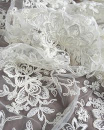 Embroidered Lace Tulle Fabric - Corded Floral Ivory