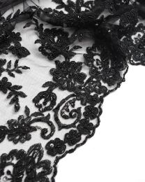 Beaded Lace Tulle Fabric - Black Floral