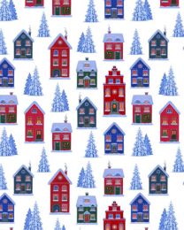 Christmas Patchwork Cotton Fabric - Tomten's Village - White