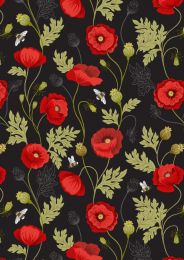 Patchwork Cotton Fabric - Poppies - Poppy & Bee on Black