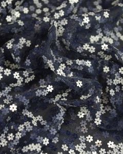 Polyester Tulle Fabric - Scatter Daisy Sequins in Navy