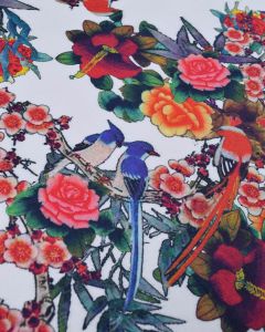 Stretch Cotton Drill Fabric - Floral & Blue Jay Print