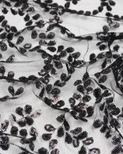 Sequin Tulle Fabric - Black Leaves