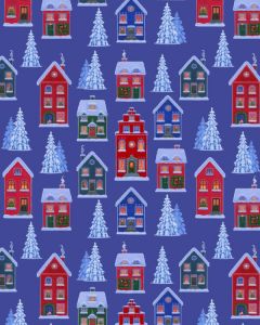 Christmas Patchwork Cotton Fabric - Tomten's Village - Blue