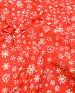 Christmas Poly Cotton Fabric - Falling Snowflakes Red