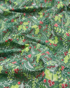 Christmas Poly Cotton Fabric - Holly Berries Green