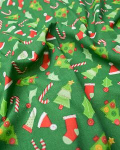 Christmas Poly Cotton Fabric - Stocking Scatter Green