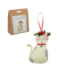 Finished Christmas cat decoration, next to the kit packaging