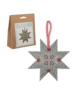 Silver grey felt Nordic style snowflake decoration with gingham ribbon, next to the kit packaging