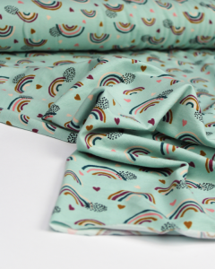 Organic Cotton Jersey Fabric - Rainbows Aqua