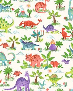 Patchwork Cotton Fabric - Dino Friends - Dino Scene Cream