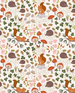 Patchwork Cotton Fabric - Evergreen - Squirrels & Hedgehogs - Cream