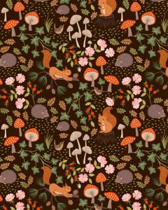 Patchwork Cotton Fabric - Evergreen - Squirrels & Hedgehogs - Dark Brown