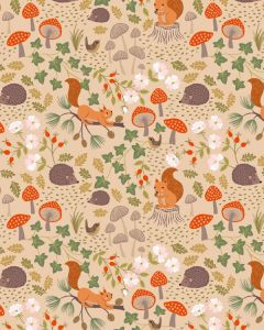 Patchwork Cotton Fabric - Evergreen - Squirrels & Hedgehogs - Wheat