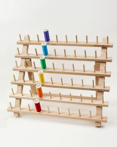 Large thread spool stand made from beech wood, with six rows of stalks to hold 60 spools of thread.